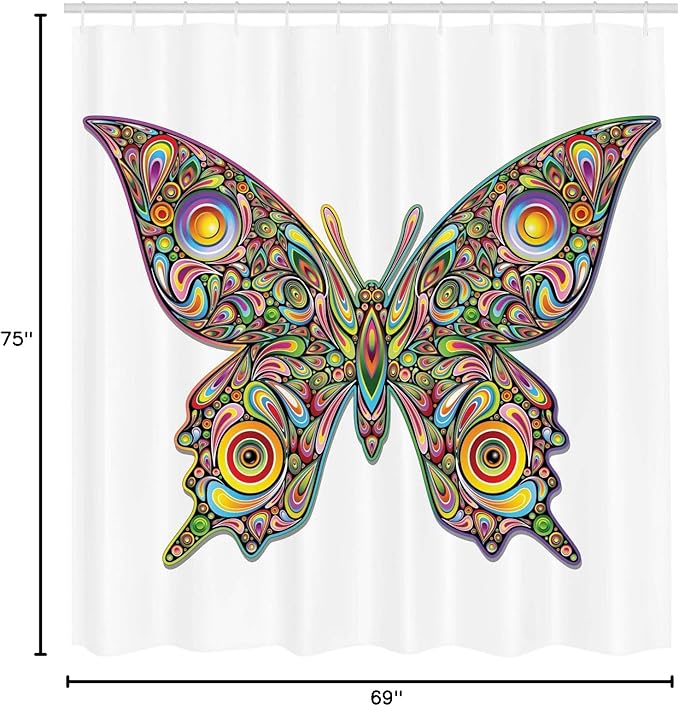 Ambesonne Butterflies Shower Curtain, Butterfly Psychedelic Design Spirals Wildlife Eyes Pattern, Cloth Fabric Bathroom Decor Set with Hooks, 69" W x 75" L, Green Pink