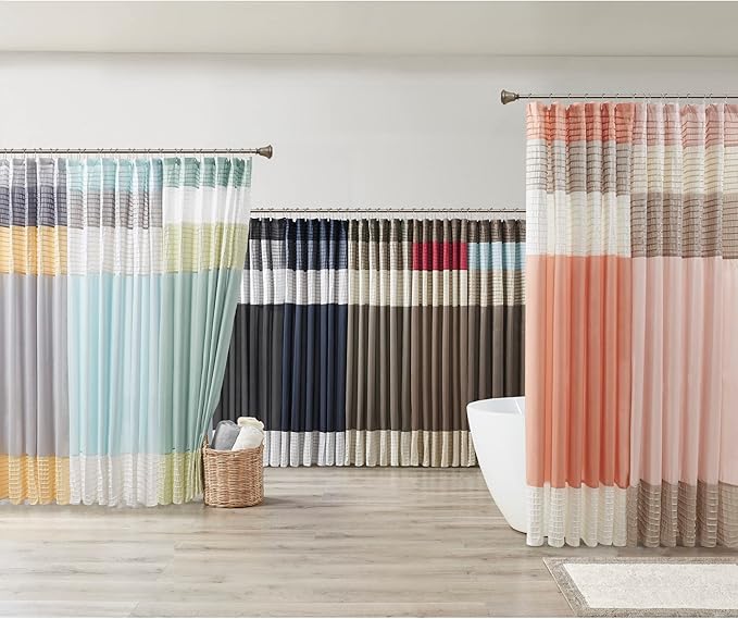 Madison Park Amherst Bathroom Shower Curtain Faux Silk Pieced Striped Modern Microfiber Bath Curtains, 72x72 Inches, Coral