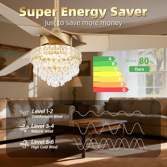 Chandelier Ceiling Fans With Lights And Remote, Chandelier Fan Ceiling,Crystal Ceiling Fan Fandelier With Lights,6 Speed 3 Timer Quiet Ceiling With Fans For Living Room Bedroom (Gold, 52 In'ch)