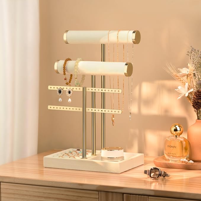 Jewelry Organizer Stand for Necklaces, Bracelets, Earrings, Rings, Beige | 3 Tier Velvet Bracelet Holder Display | Jewelry Organizers and Storage | Jewelry Tree | Jewelry Towers