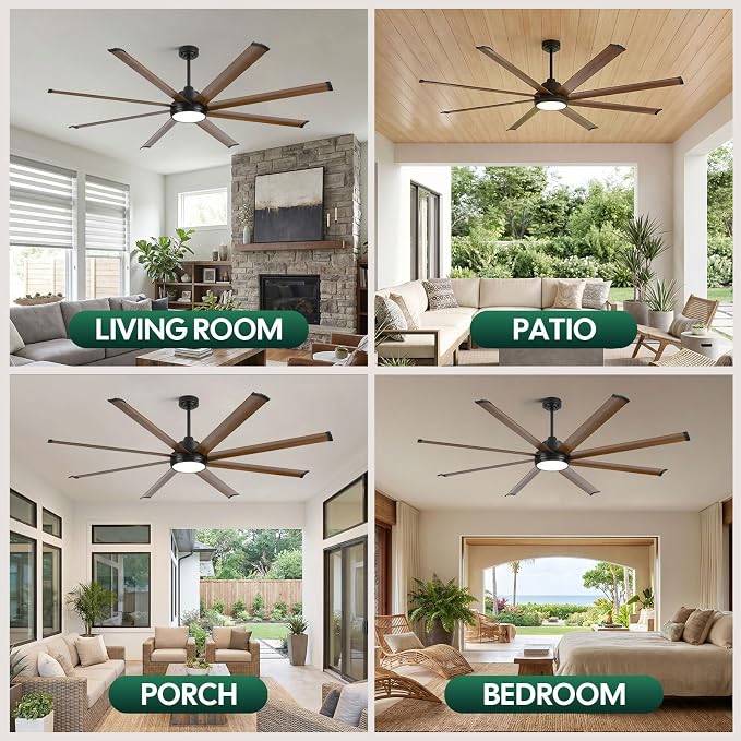 72" Outdoor Ceiling Fan with Light, Smart Alexa/App/Remote Control, 8 Walnut Finish Anti-Rust Aluminum Blades, 9799 CFM High Airflow, Quiet Reversible DC Motor, Modern Farmhouse Fan for Patios Garage