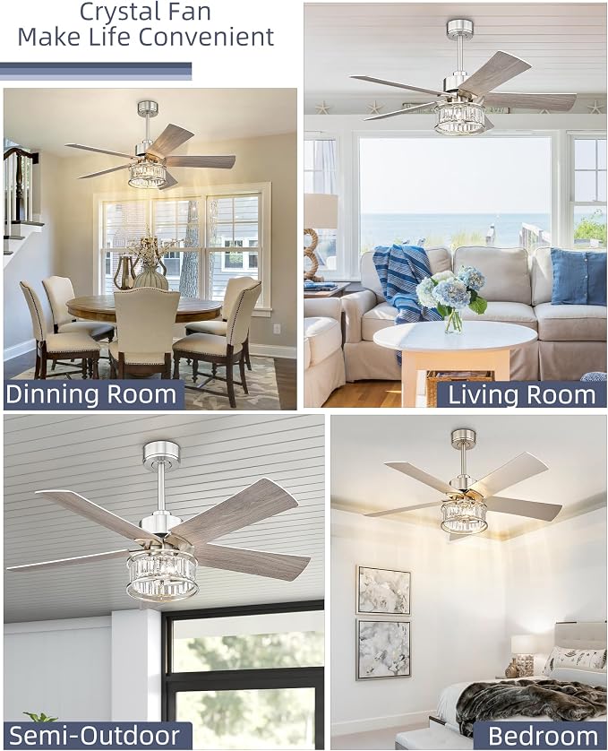 YOUKAIN 48 Inch Brushed Nickel Ceiling Fan with Lights and Remote, Modern Crystal Ceiling Fan, 5 Reversible Gray & Wood Blades, Quiet Indoor Ceiling Fan for Bedroom Living Room, 48-YJ632A-BN