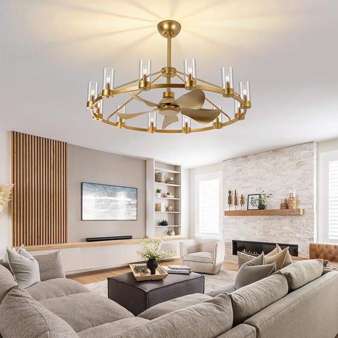 44" Wagon Wheel Chandelier Ceiling Fans with Lights and Remote with APP, 12-Lights Farmhouse Fandelier Fans with Glass Shade, Gold Industrial Lighting Fixture for Dining Living Room, Kitchen Island