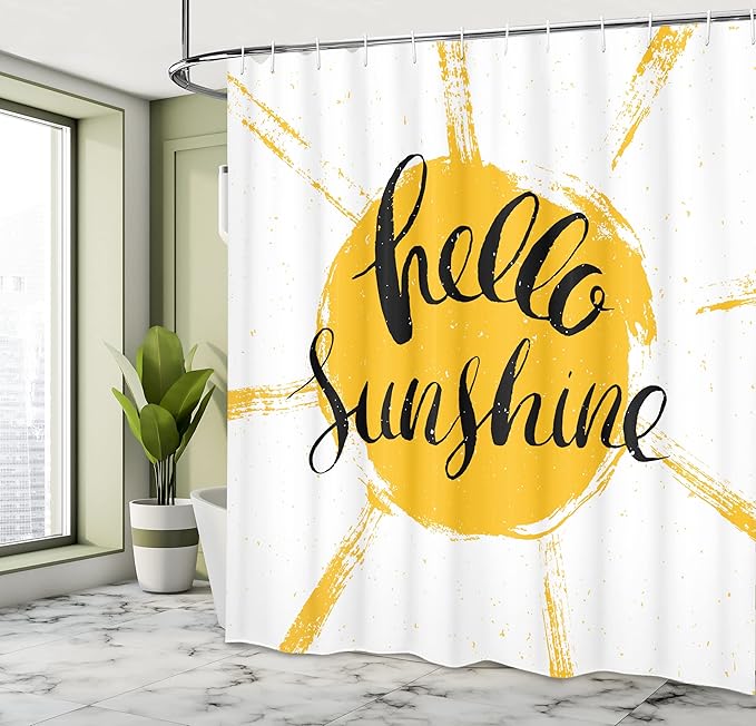 Ambesonne Hello Sunshine Shower Curtain, Vintage Composition with Words and Grunge Sun, Cloth Fabric Bathroom Decor Set with Hooks, 69" W x 70" L, Earth Yellow Grey