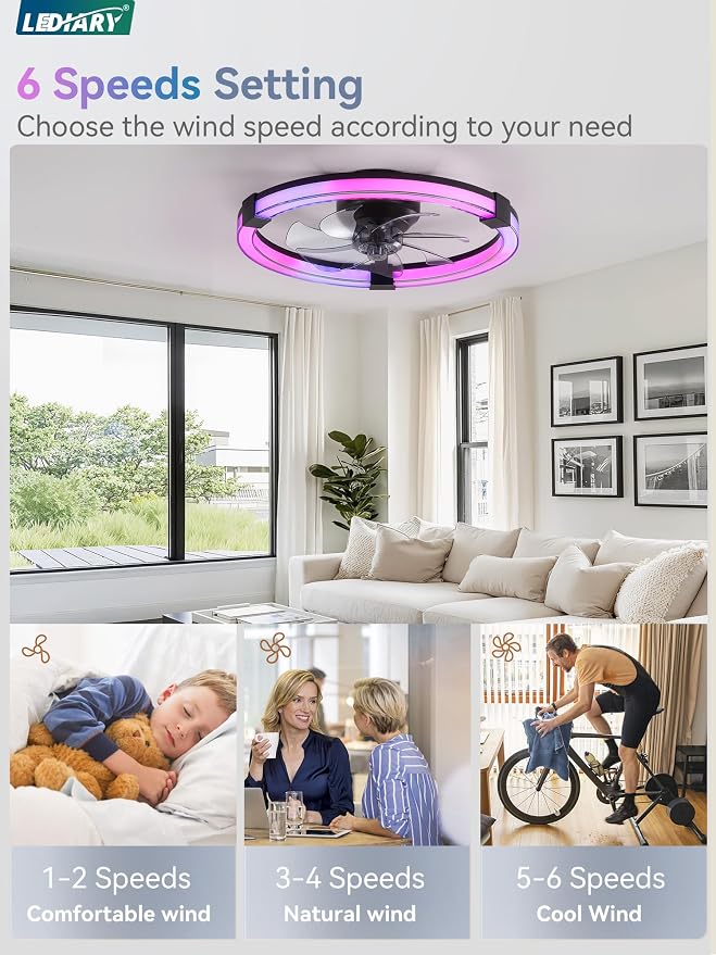 LEDIARY Ceiling Fan with Light,20inch Low Profile Fandelier with Remote RGB | Black RGB,6 Speeds, Reversible DC Motor, Dimmable Flush Mount Fan Light, Modern fans for Bedroom