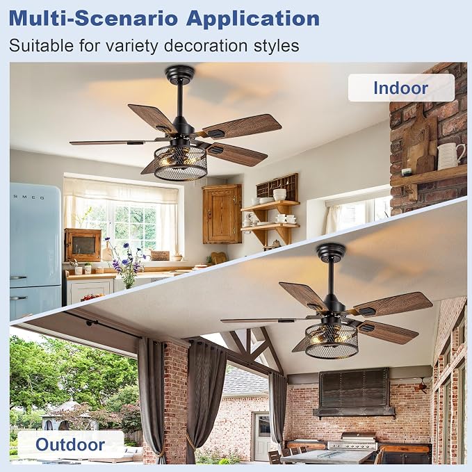 Depuley 42-Inch Ceiling Fans with Lights: Caged Ceiling Fans Dual Finish 5 Blades - Farmhouse Ceiling Fan with Remote Control for Rustic Living Room Outdoor Patio Reversible (Black Walnut)