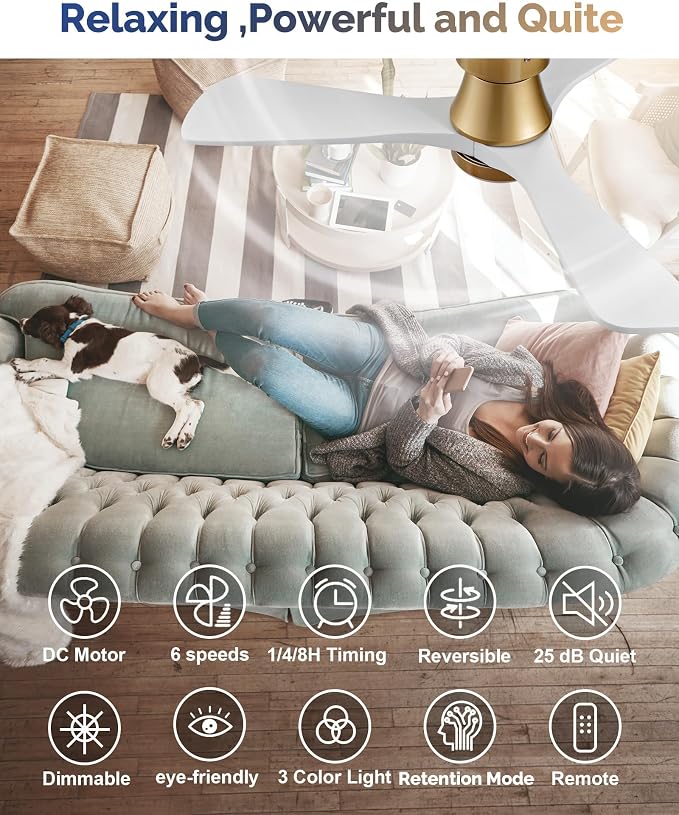 42 Inch Gold Ceiling Fan with Lights, Remote Control, Flush Mount, Dimmable, Reversible,Wood Blades, Power-Off Memory, Quiet DC Motor, Modern Hugger Ceiling Fan for Indoor Outdoor Gold White