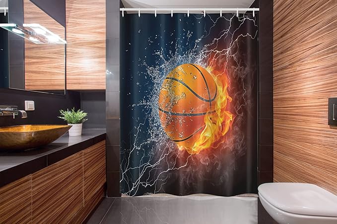 Ambesonne Sports Stall Shower Curtain, Basketball Ball and Water Splashing Thunder Lightning Themed Design, Fabric Bathroom Decor Set with Hooks, 54" W x 78" L, Dark Blue and Burgundy