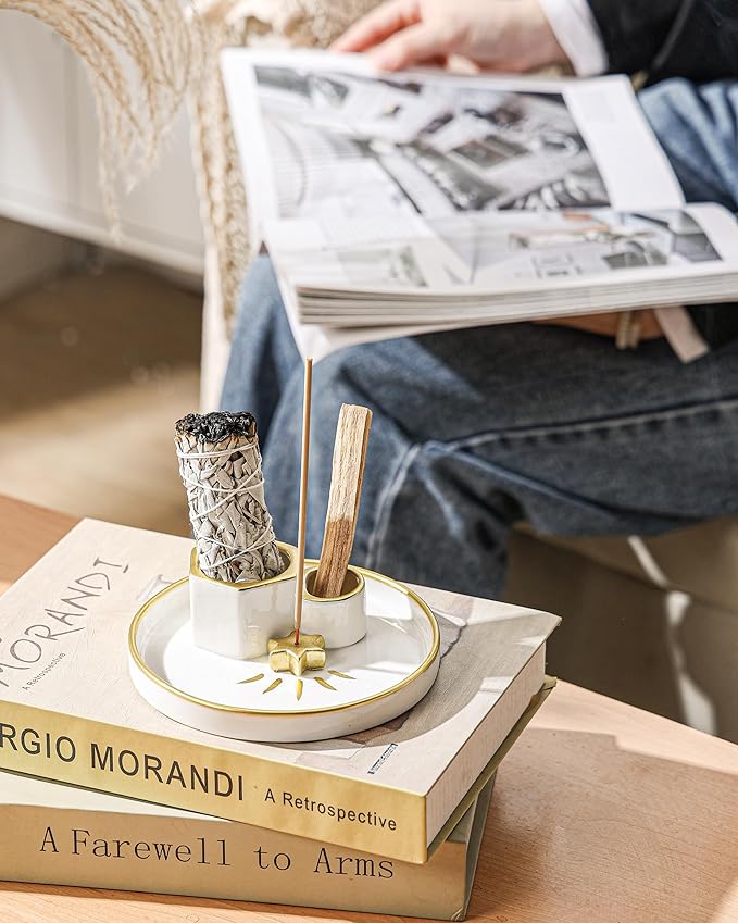 Ceramic Incense Holder, 4-in-1 Sage Palo Santo Burner with Ash Catcher Tray, Smudge Dish for Meditation Yoga, Modern Home Decor & Gift