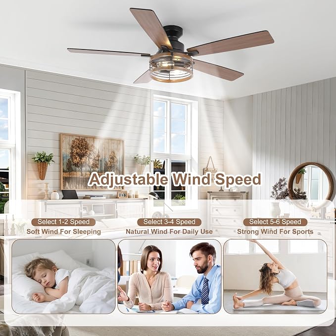 Qcyuui 52" Ceiling Fans with Lights and Remote Farmhouse Ceiling Fan with Light, 6-Speed Reversible DC Motor, Dual Finish 5 Blades, Rustic Caged Ceiling Fan for Bedroom Living Room,Black Walnut
