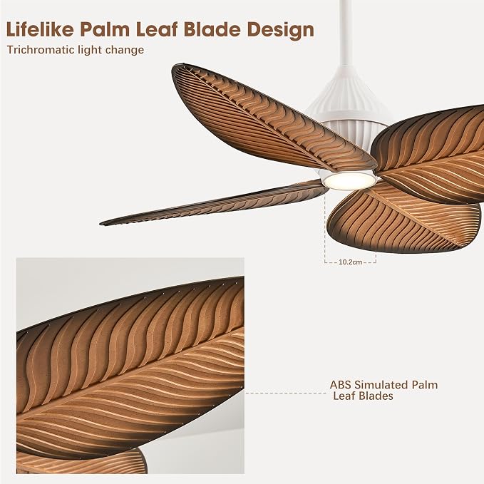 52"Tropical Ceiling Fans with Lights, Indoor Palm Leaf Ceiling Fan with Light and Remote for Living Room Bedroom, ABS Blades, Dimmable LED Lights, 6 Speeds, Adjustable Height-Light Wood Grain