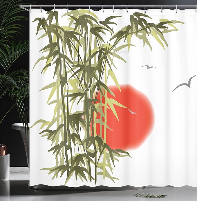 Ambesonne Asian Shower Curtain, Abstract Trees on Sunset Background Design Birds and Sun Image Folk Vibes, Cloth Fabric Bathroom Decor Set with Hooks, 69" W x 75" L, Olive Green Vermilion