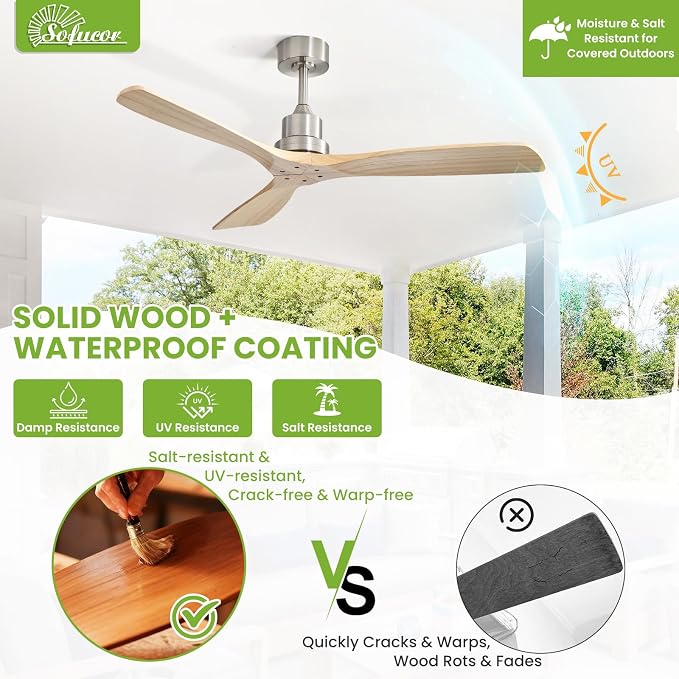 Sofucor 52 Inch Ceiling Fan No Light - Modern Solid Wood Ceiling Fan with Remote, 5000CFM High Airflow, Quiet DC Motor, 6 Speeds, Timer & Reversible for Bedroom Living Room, ETL, Wood