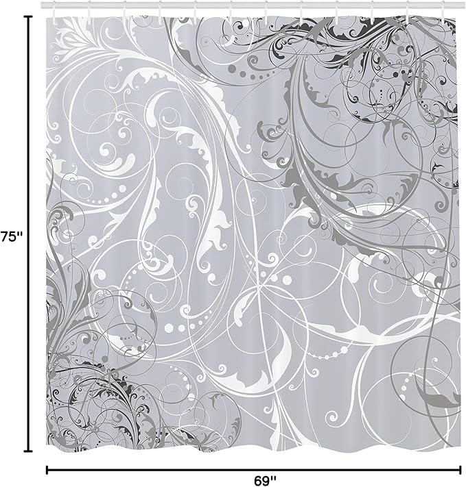 Ambesonne Floral Shower Curtain, Baroque Swirl Branches Curved Flower Leaves Shabby Form Nature Pattern, Cloth Fabric Bathroom Decor Set with Hooks, 69" W x 75" L, Pearl White