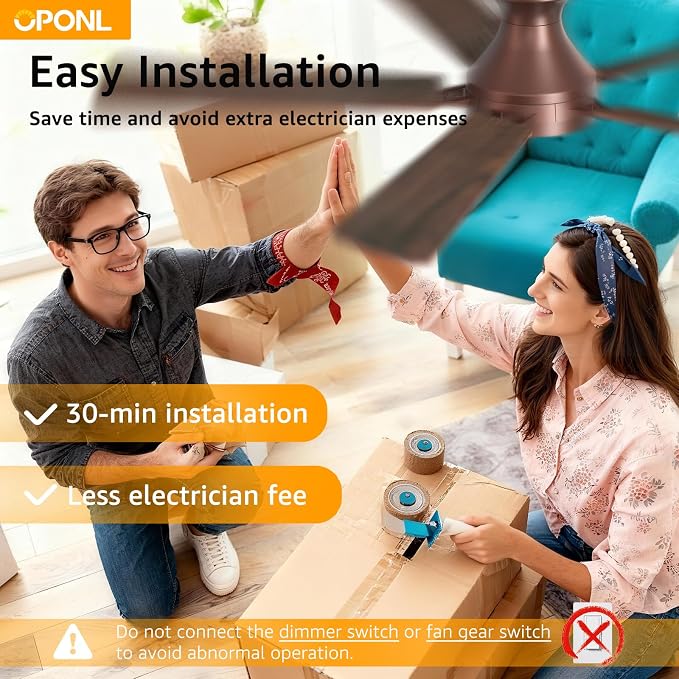OPONL Ceiling Fan with Light, 52 inch Low Profile Ceiling fan with Light and Remote Control, Reversible, 6CCT, Dimmable, Noiseless, Brown Ceiling Fan for Bedroom, Indoor/Outdoor Use, Modern