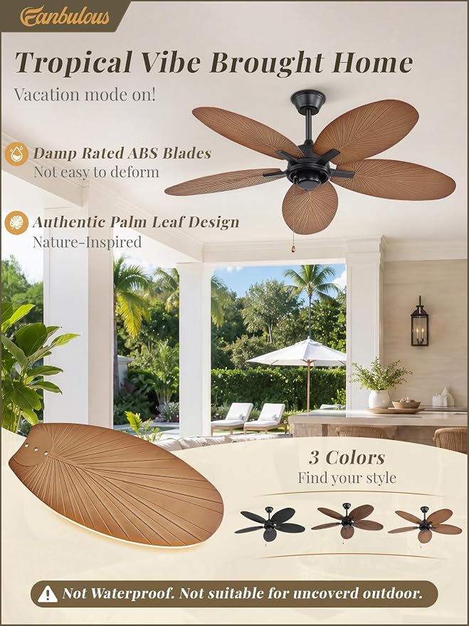 Fanbulous 52 Inch Ceiling Fan No Light, Remote & Pull Chain Tropical Fan With 6 Speeds, 3 Timers, DC Quiet Motor, 5 Palm Blade for Bedroom Living Room Covered Outdoor Patio Porch, Damp Rated, Walnut
