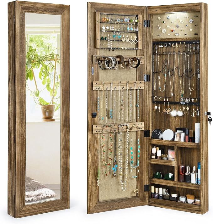 SRIWATANA Jewelry Cabinet with Mirror, Lockable Door, Carbonized Black | Space-Saving Wall & Door Mounted Solid Wood Jewelry Armoire; Large Capacity Organizer with Lockable Door for Jewelry