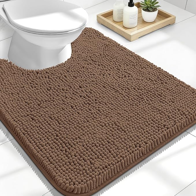 OLANLY Toilet Rugs U-Shaped 24x20, Extra Soft Absorbent Chenille Contour Bathroom Rugs for Toilet, Dry Quickly, Machine Washable, Non-Slip Bath Mat, Mocha