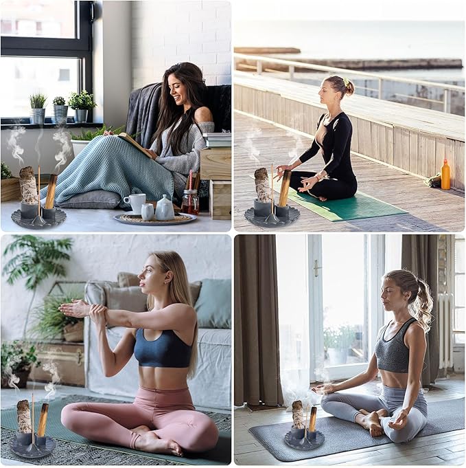 4 in 1 Incense Holder, Ceramic Palo Santo Holder, Sage Holder for Burning, 5.3" Ceramic Ash Catcher Tray for Meditation Yoga Room