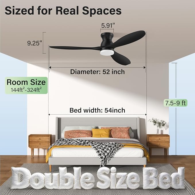 52" Wood Ceiling Fans with Lights Remote,Smart Control via Alexa App,Quiet DC Motor,Flush Mount Low Profile Ceiling Fan for Modern Bedroom,Living Room,Patio,Outdoor Indoor,Matte Black,Dimmable,6-Speed