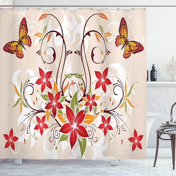 Ambesonne Floral Shower Curtain, Butterflies and Flourishing Swirled Blossoms Bouquet Botany Image, Cloth Fabric Bathroom Decor Set with Hooks, 69" W x 75" L, Beige Green Red