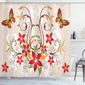 Ambesonne Floral Shower Curtain, Butterflies and Flourishing Swirled Blossoms Bouquet Botany Image, Cloth Fabric Bathroom Decor Set with Hooks, 69" W x 75" L, Beige Green Red
