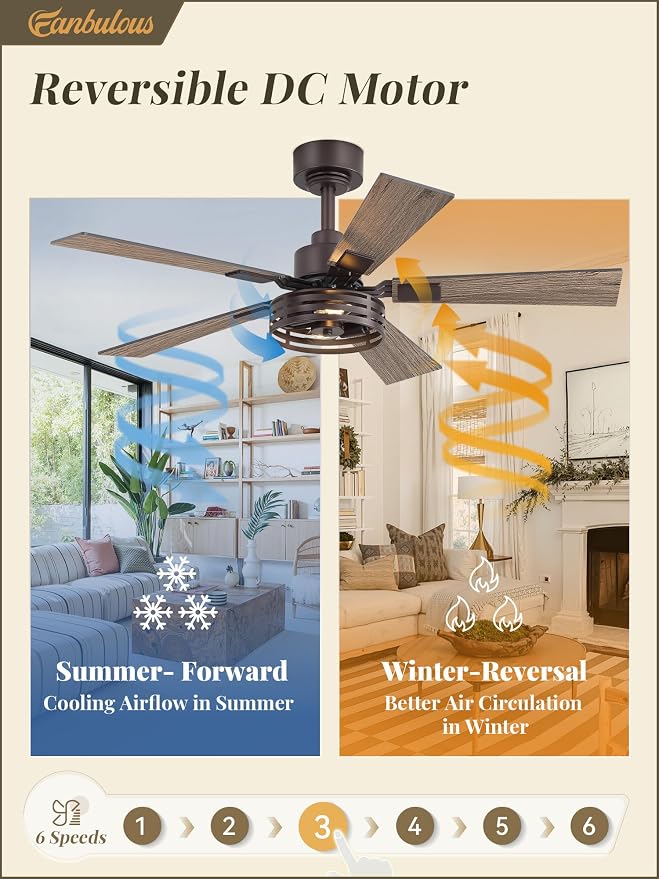 Fanbulous Farmhouse Caged Ceiling Fans with Lights and Remote, 42 Inch Oil Bronze Bedroom Ceiling Fans for Living Room Kitchen，6 Speed Reversible Quiet DC Motor, Dual Finish 5 Blades