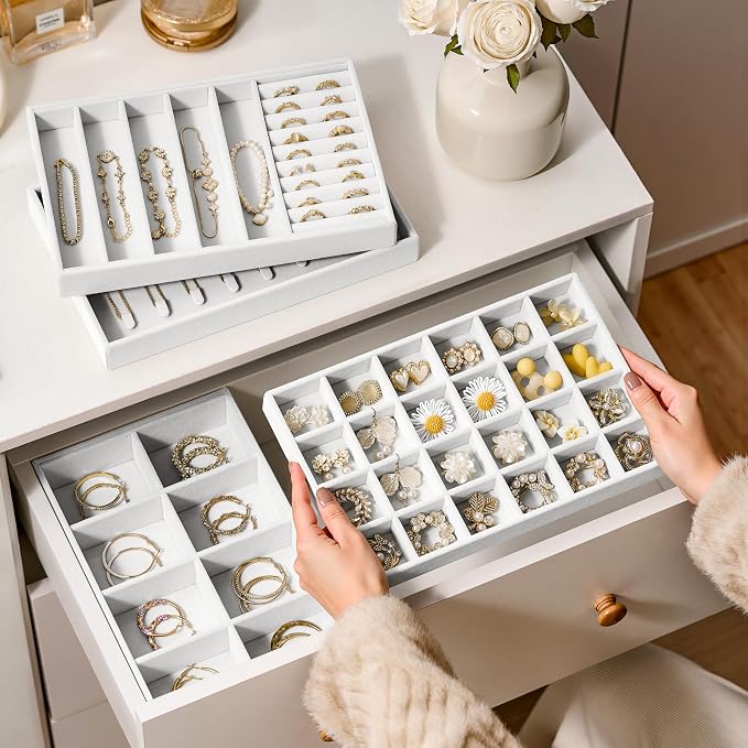 Velvet Jewelry Drawer Organizer Trays – Large White Stackable Jewelry Storage Inserts Set, 4-Layer Jewelry Tray Set for Earrings, Rings, Necklaces, Bracelets with Removable Dividers for Dresser,Vanity