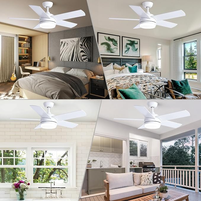 YUHAO 44 Inch White Ceiling Fan with Light and Remote Control.Noiseless,Dimmable,3CCT,6 Speeds Reversible, DC Ceiling Fans for Indoor or Covered Outdoor Use.ETL Listed