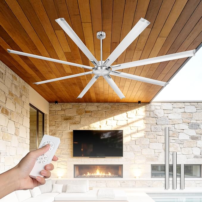 96 Inch Industrial Ceiling Fan Without Light, Brushed Nickel Outdoor Model for Covered Areas, 8 Aluminum Blades, Powerful Airflow, Modern No-Light Design, CF04NBN-96