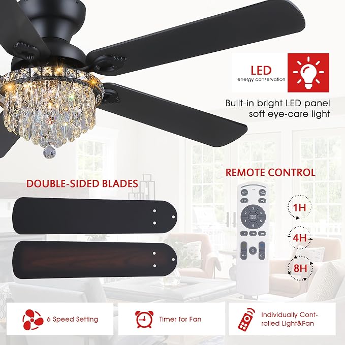 GJeg Crystal Ceiling Fan Fandelier with Lights-Ceiling Fans with Remote Control,Modern Ceiling Fan with Noiseless DC Reversible Motor,Dining Room,Living Room(52" Black)