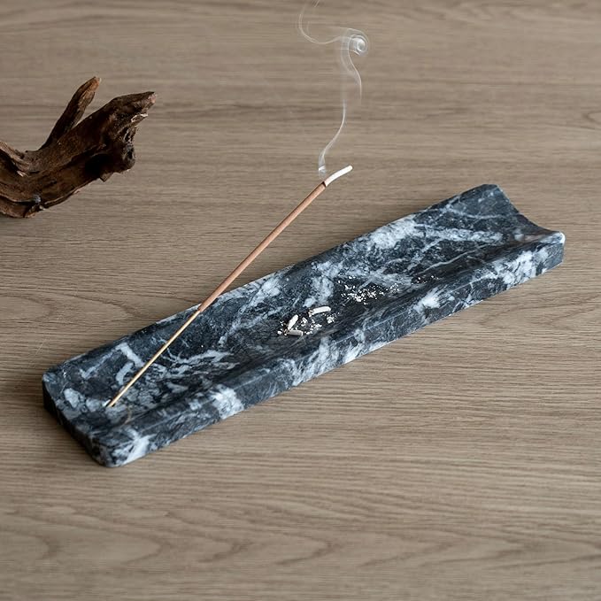 Marble Incense Holder Burner-Natural Stone Stick Incense Tray with Ash Catcher，20 Sticks & Brush - Elegant Decor for Meditation, Yoga, Home,Gift (Black)