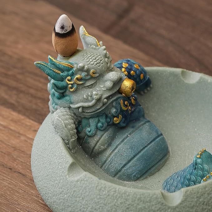 Pixiu Backflow Incense Burner with Ashtray, Mythical Beast Resin Incense Holder & Wealth Guardian Statue, Waterfall Smoke Effect Decor for Desk, Home Office Zen Gift