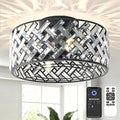Black Small Bedroom Ceiling Fans with Lights and Remote 4-Light Crystal Black Farmhouse Flush Mount Fandeliers for Bedroom Quiet Fan Light Fixture, 18" Modern Chandelier with Fan 8 Blades
