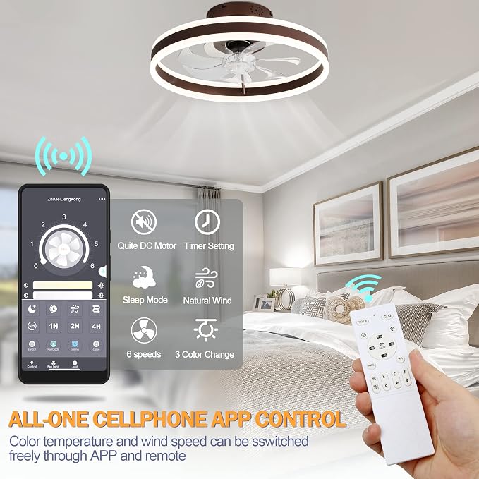 20" Round Flush Mount Ceiling Fan with Lights, Modern Dimmable LED Low Profile Fan,Multi-Speed and Timing with Remote Control for Kids Bedroom/Dining Room/Kitchen