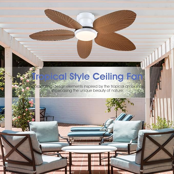 Kviflon Tropical Ceiling Fans with Lights and Remote/APP Control, 45 Inch Low Profile Flush Mount Ceiling Fans, Palm Leaf Ceiling Fan with Light for Bedroom Patios Porch Outdoor, Wood Grain