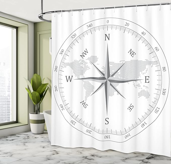 Ambesonne Compass Shower Curtain, Compass Illustration World Map Maritime Seaman Life Equipment Monochromic Artwork, Cloth Fabric Bathroom Decor Set with Hooks, 69" W x 70" L, White Gray