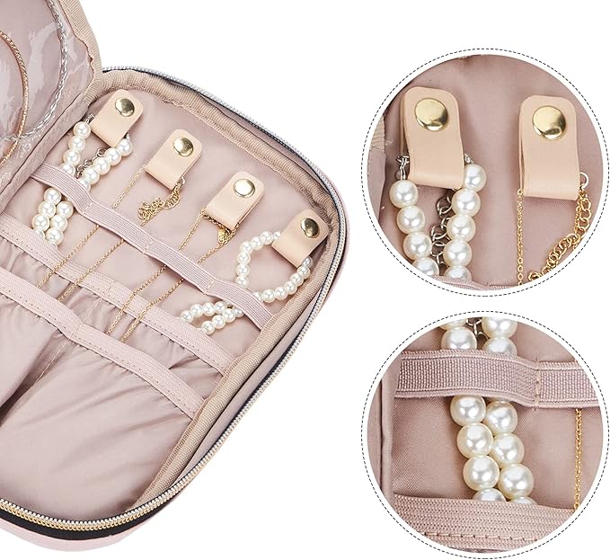 NISHEL Travel Jewelry Case Organizer, Tangle-Free Necklace Storage Bag | Stores rings, earrings, bracelets and watches in a compact case for travel, vacations and daily use, Pink, Medium