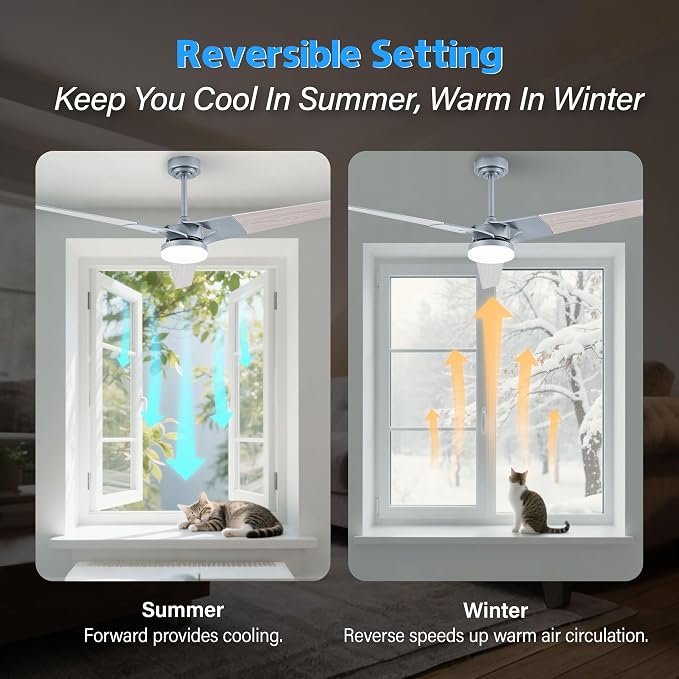 Ceiling Fan with Lights and Remote, 3 Blade App Control Timer Reversible Stepless Brightness and Color Temperature Outdoor Wood Ceiling Fan with Lights (Silver, 60 In'ch)