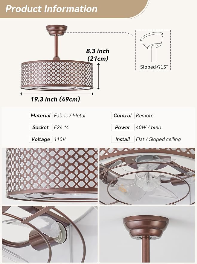 Brown Fandelier Ceiling Fan with Light, 20" Caged Boho Ceiling Fans with Lights and Remote, Mid Century with 6 Speeds for Bedroom, Living Room, Nursery