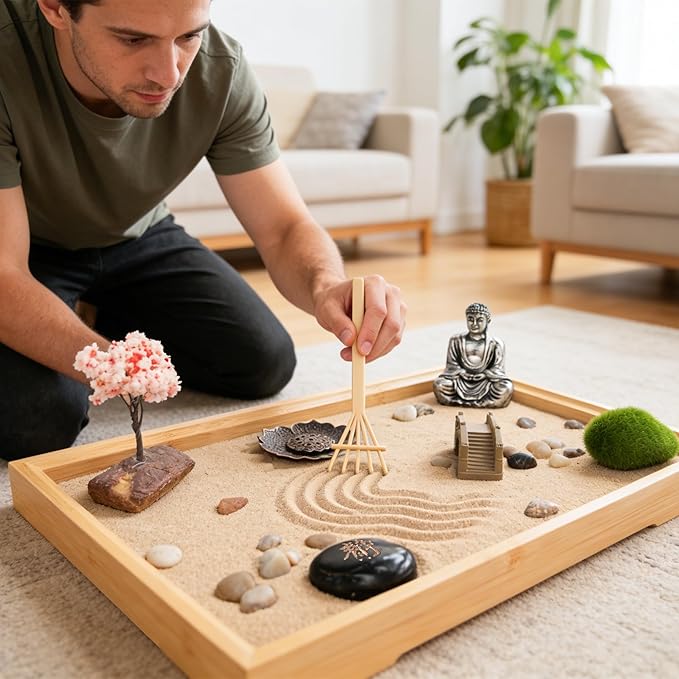Zen Sand Garden Kit for Desk with Incense Stick Holder 11"x7.5" 6 Tools, 16 Accessories