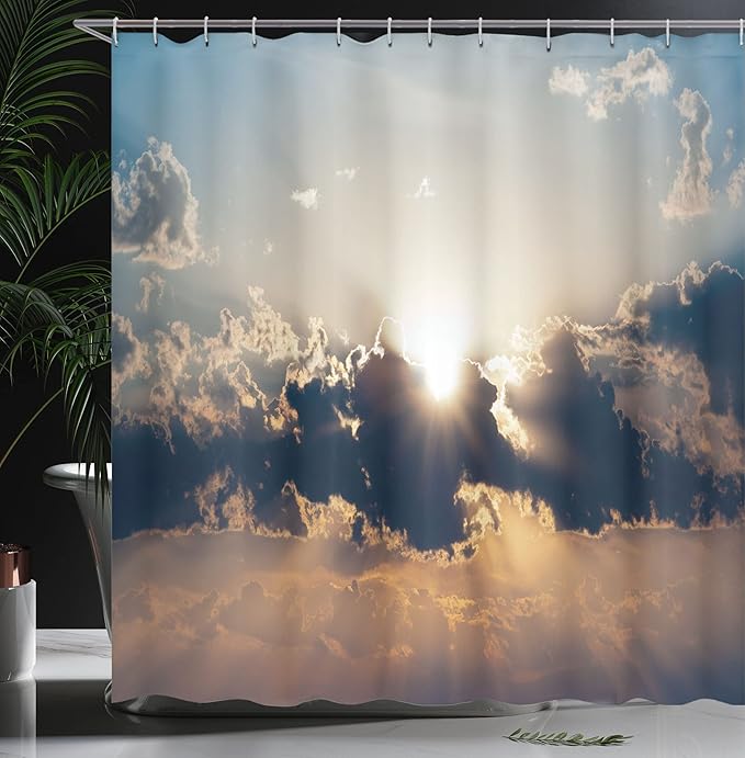 Ambesonne Landscape Shower Curtain, Sundown Through The Dark Clouds on a Summer Twilight with Overcast Sky Scenic Style of Artwork, Cloth Fabric Bathroom Set with Hooks, 69" W x 70" L, Orange Night