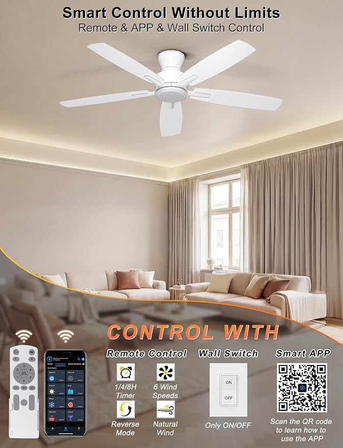 Ohniyou 52 Inch Ceiling Fan No Light, Low Profile Ceiling Fan with Remote and App Control, Flush Mount Ceiling Fan without Light for Bedroom Living Room Covered Patios, Quiet DC Motor, White