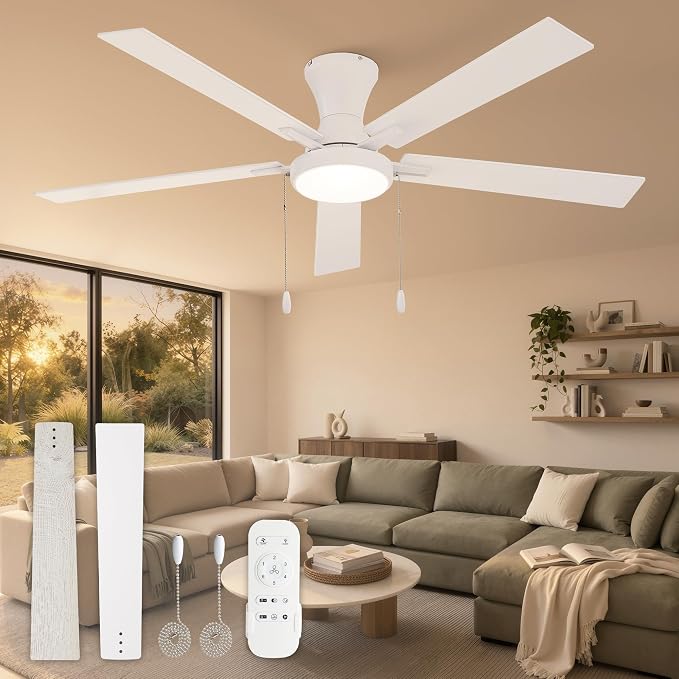 ZMISHIBO Ceiling Fans with Lights, Low Profile Ceiling Fan with Pull Chain and Remote Control, Flush Mount, Reversible, Dimmable, Noiseless, White Pull Cord Ceiling Fan for Bedroom(60inch White)