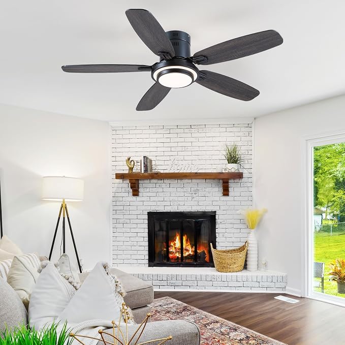 Hounberi 50 Inch Black Ceiling Fans with Lights and Remote, Modern Flush Mount Low Profile Ceiling Fan, 3CCT, Dimmable, Quiet DC Reversible Motor, for Bedroom Living Room Indoor/Outdoor Use
