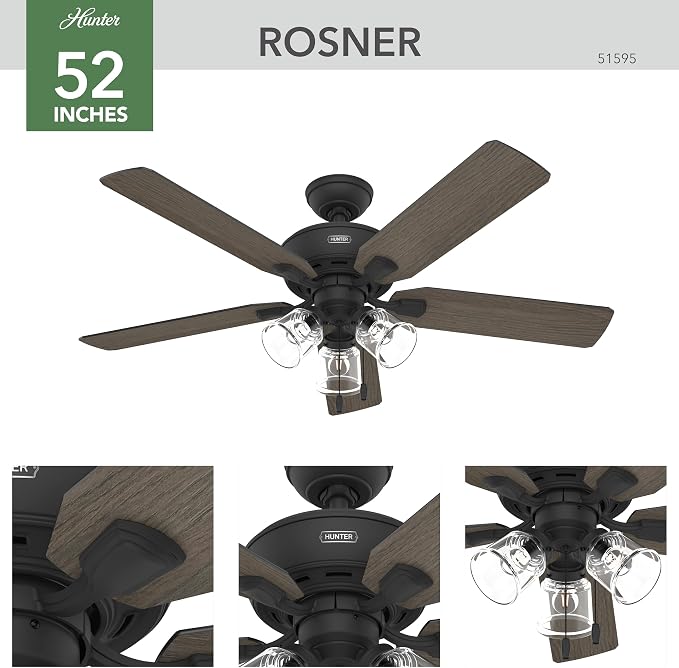 Hunter Rosner, Indoor, Ceiling Fan, Standard Mount, 52 inch, Matte Black | with LED Lights and Pull Chain, 5 Blades, For Bedroom, Living Room, Kitchen, 3 inch Downrod, 51595