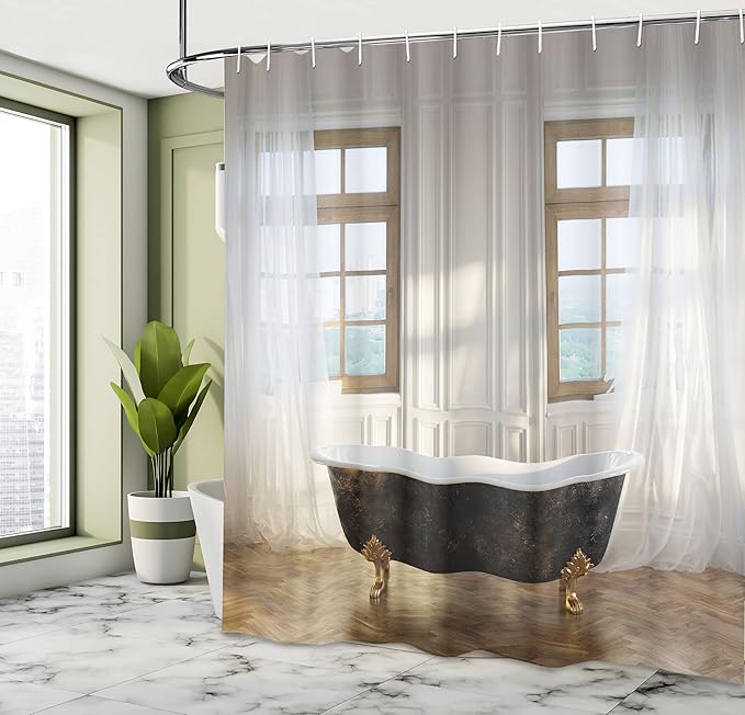Ambesonne Antique Shower Curtain, Retro Bathtub in Modern Room Interior Hardwood Classics Space Design, Cloth Fabric Bathroom Decor Set with Hooks, 69" W x 70" L, White Black Pale Brown