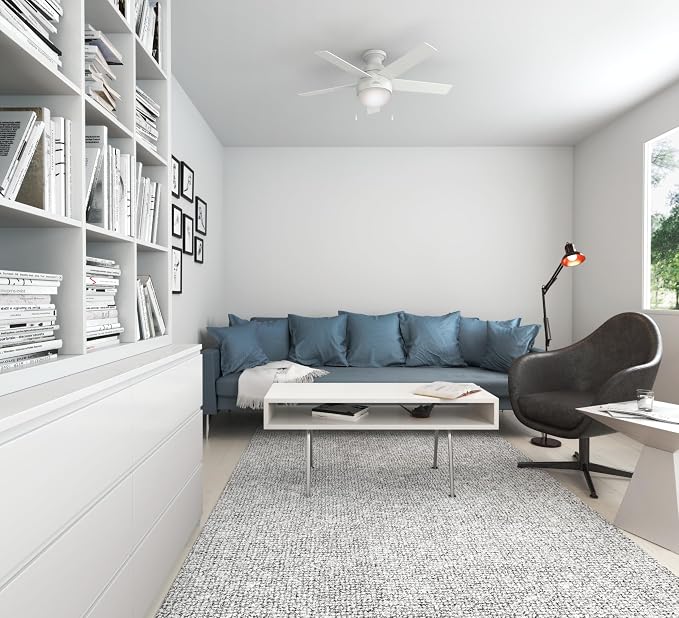Hunter Anslee, Indoor, Ceiling Fan, with LED Light, 46 inch, Fresh White | Low Profile Mount, Pull Chain, 5 Blades, For Bedroom, Living Room, Kitchen, 59269