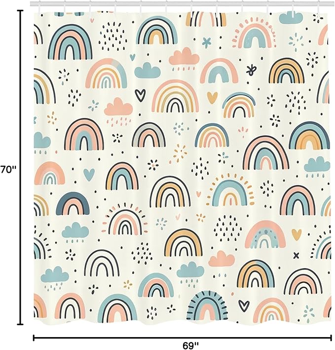 Ambesonne Rainbow Shower Curtain, Funny Scandi Art Cloud and Curving Lines Colorful Joy Happy Atmosphere, Cloth Fabric Bathroom Decor Set with Hooks, 69" W x 70" L, Ivory Blush Soft Blue