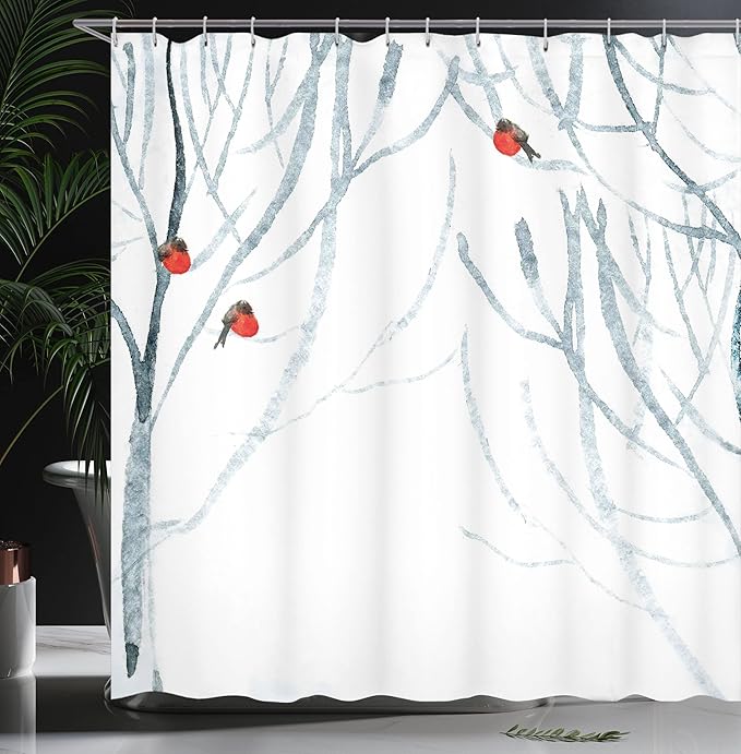 Ambesonne Modern Shower Curtain, Trees Water Colored Image of Winter Woods with Bullfinches Print, Cloth Fabric Bathroom Decor Set with Hooks, 69" W x 75" L, Pale Grey White